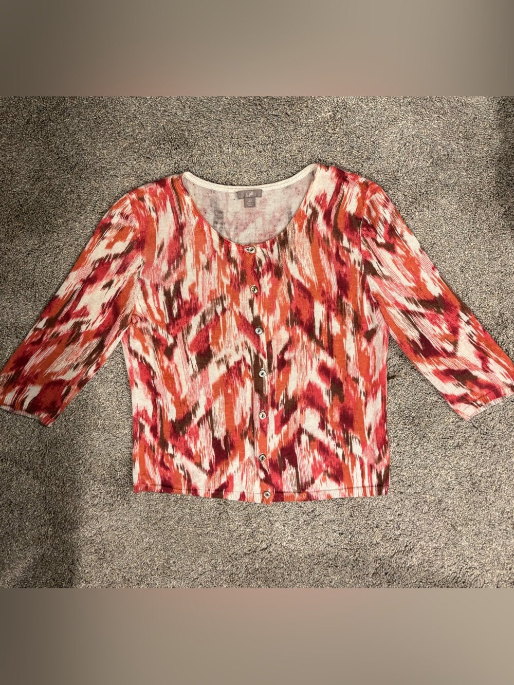 J. Jill Red Brown Geometric Cotton Linen Cardigan XS Petite 3/4 Sleeve Blouse